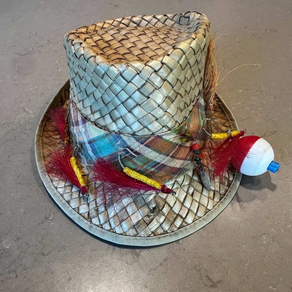 Woven Straw Fishing Hat with Colorful Fishing Lure France Ecclectic Grandpa